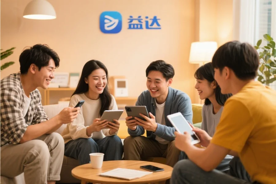 一群年轻用户围坐在一起，使用平板和手机愉快地交流，背景温馨现代，象征盛世应用的社区活跃氛围